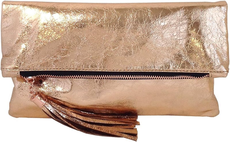 JNB Women's Cracked Metallic Fabric Foldover Clutch with Tassel - Image 1